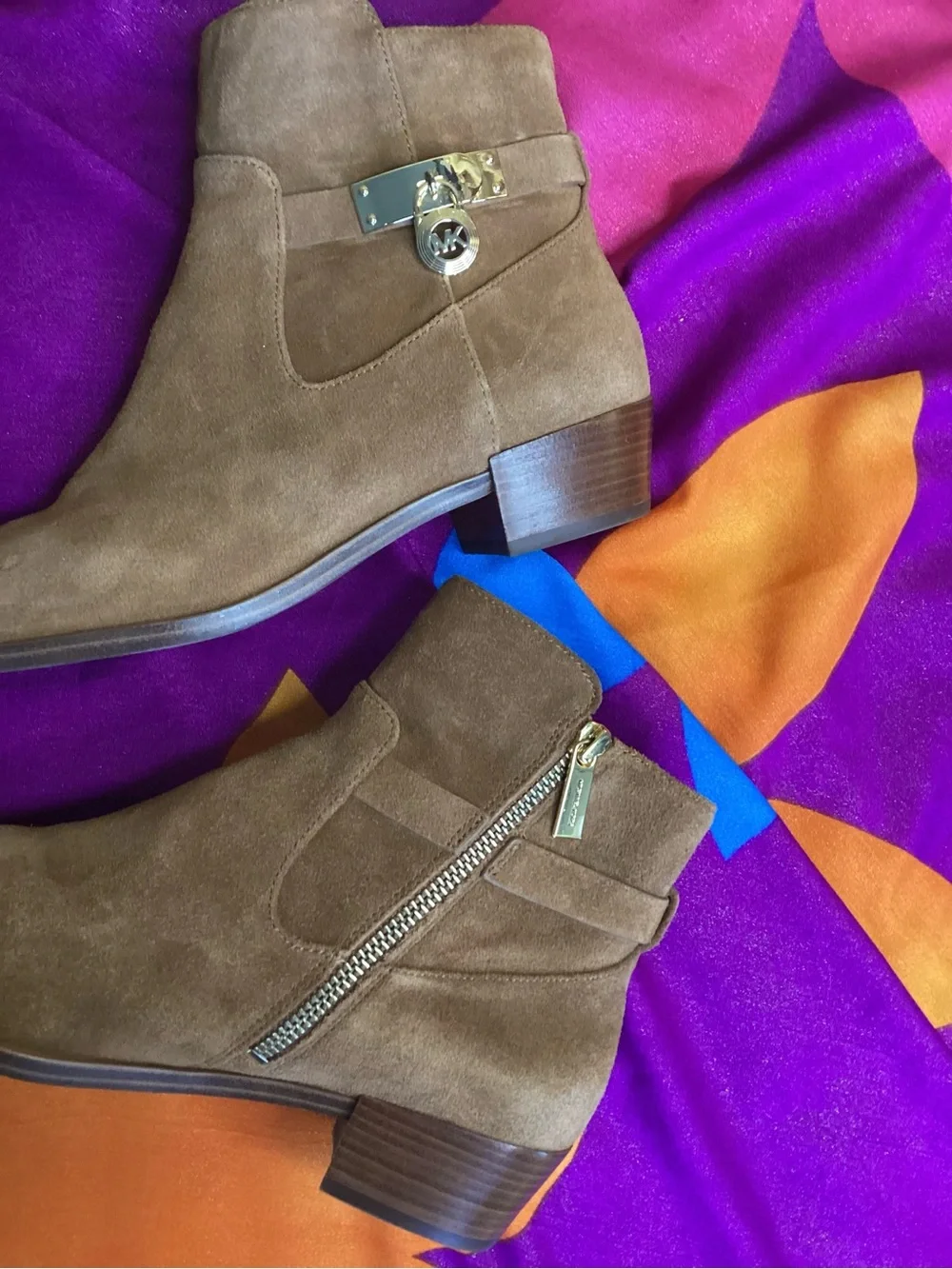 Michael Kors Kieran Taupe Suede Ankle Booties with Gold-Tone Charm 8M